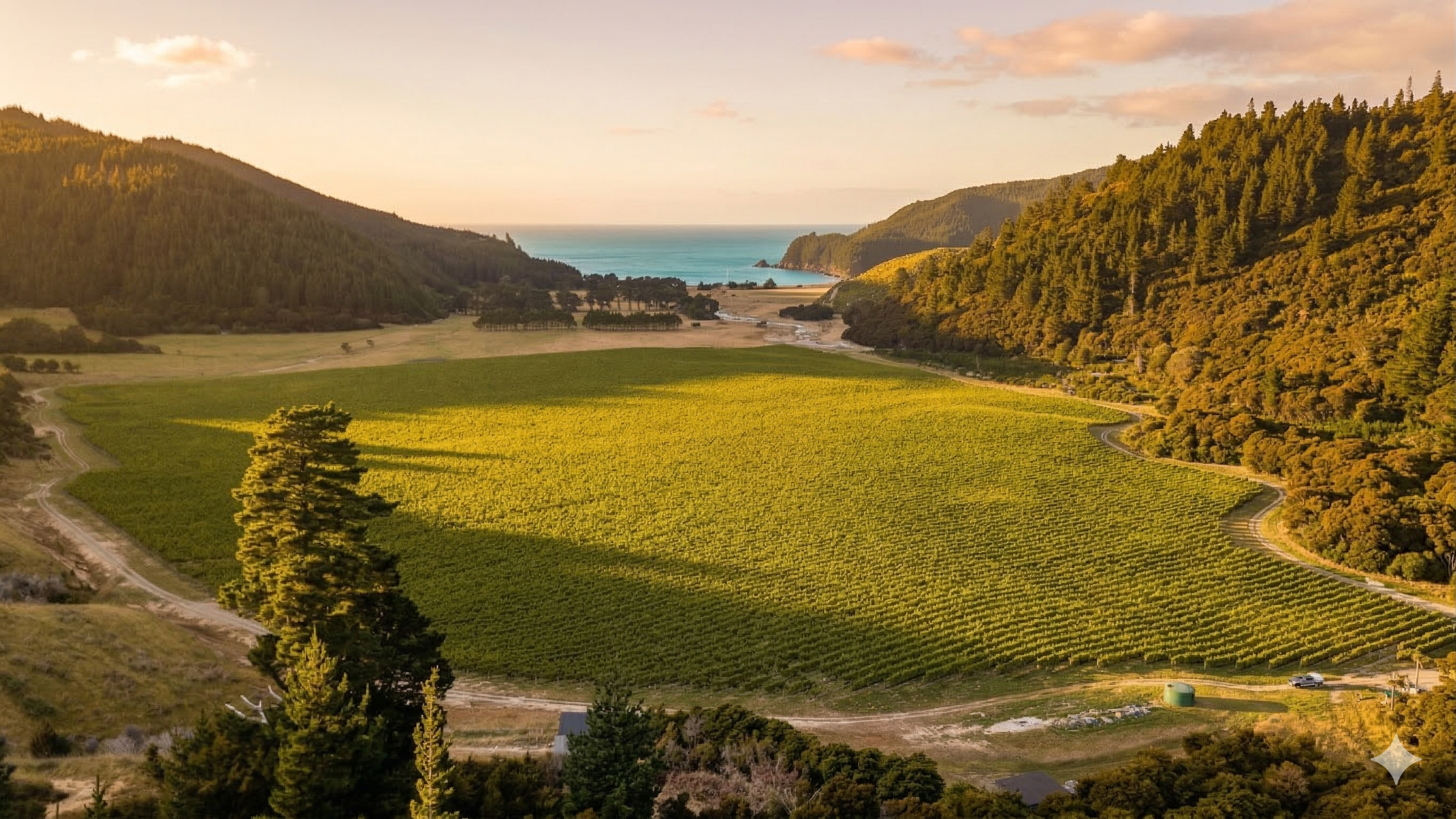Sunrise over Marlborough vineyard rows